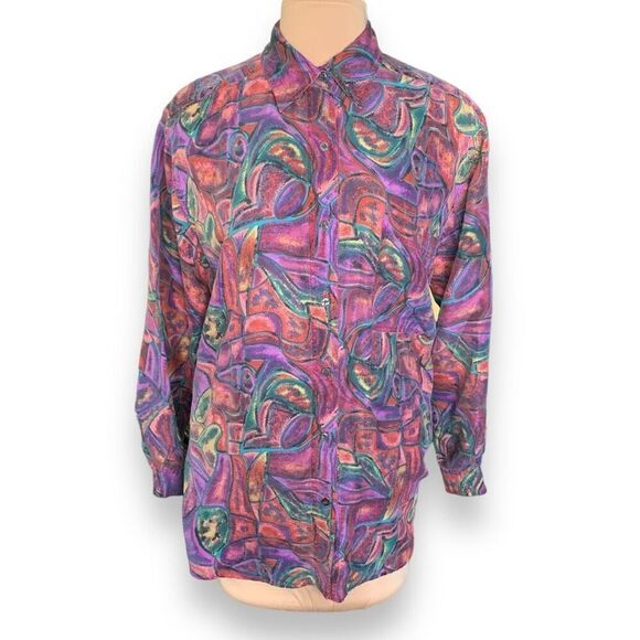 Vintage Diana Marco Shirt Abstract Print Purple Silk Button Up Long Sleeve - Picture 9 of 9